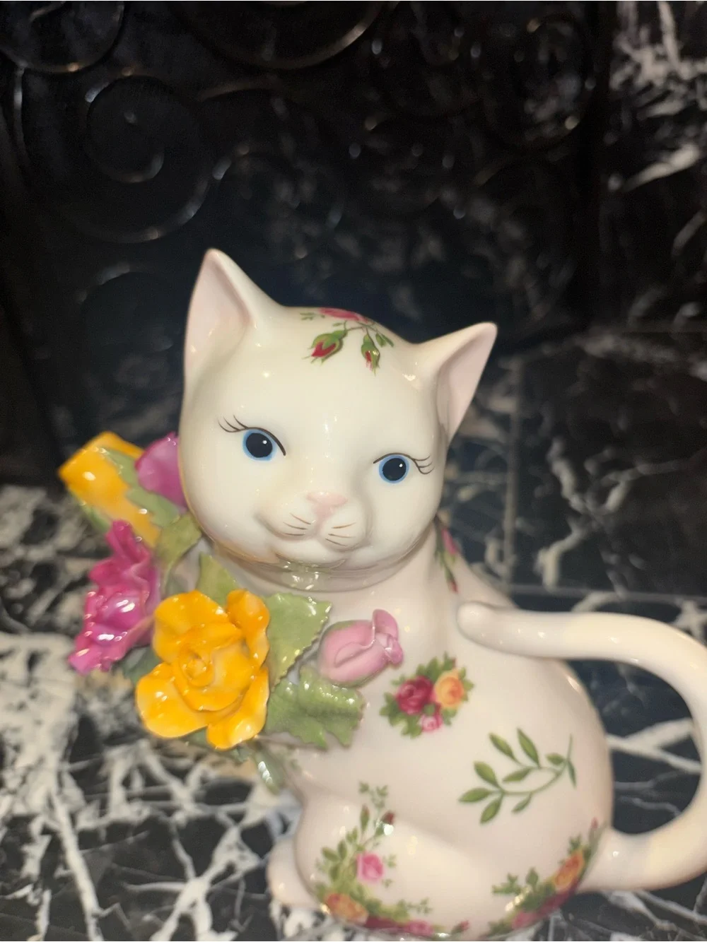 Royal Albert White Ceramic Cat Pitcher with Pink and Yellow Floral Bouquet